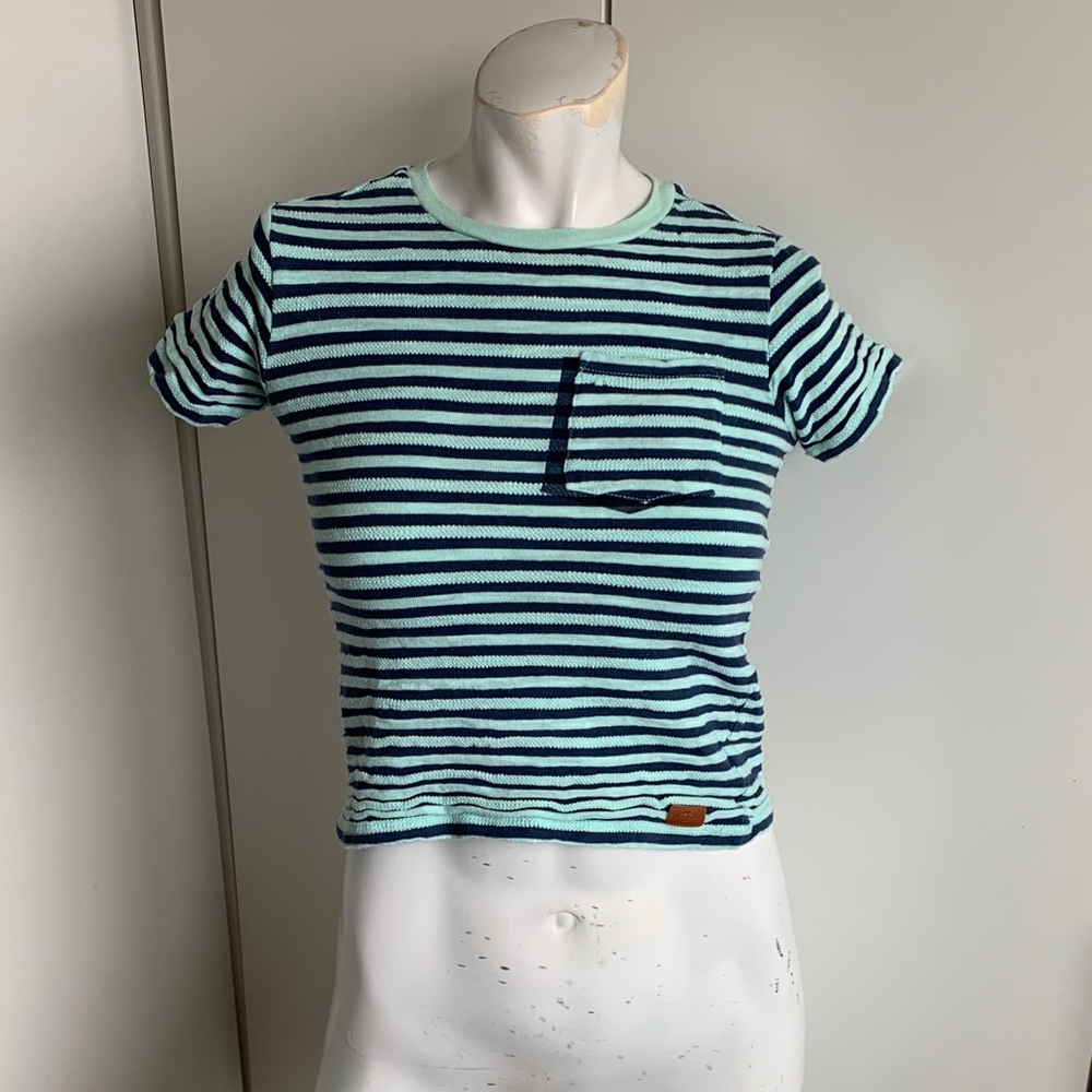 7FAM cropped blue cap sleeve striped 100% cotton T-shirt
